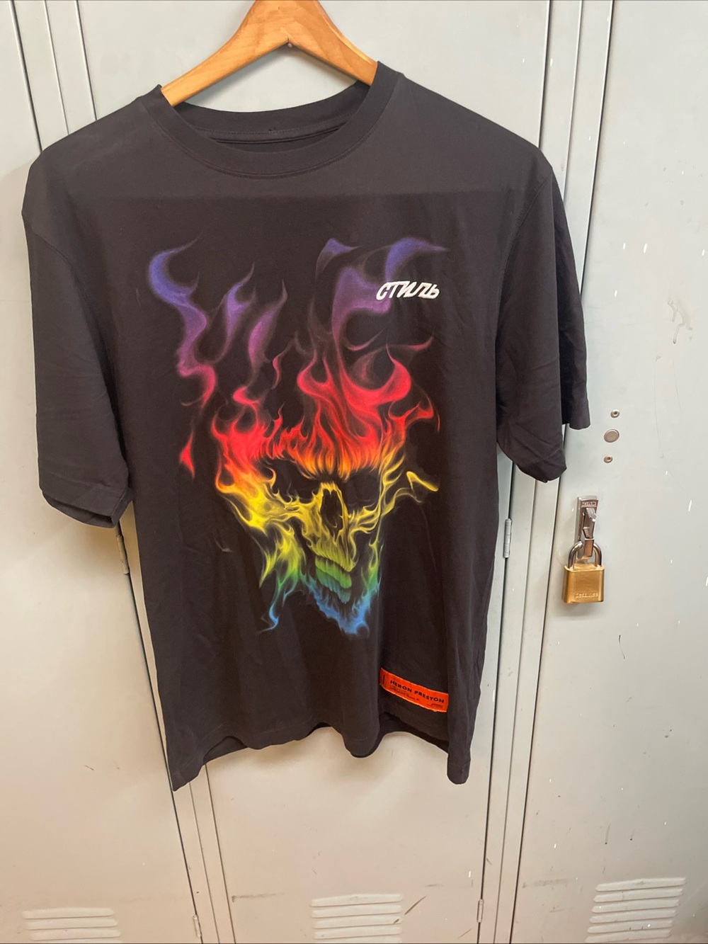 Heron Preston Oversized Black Tee with Multicolor Flame Skull Graphic